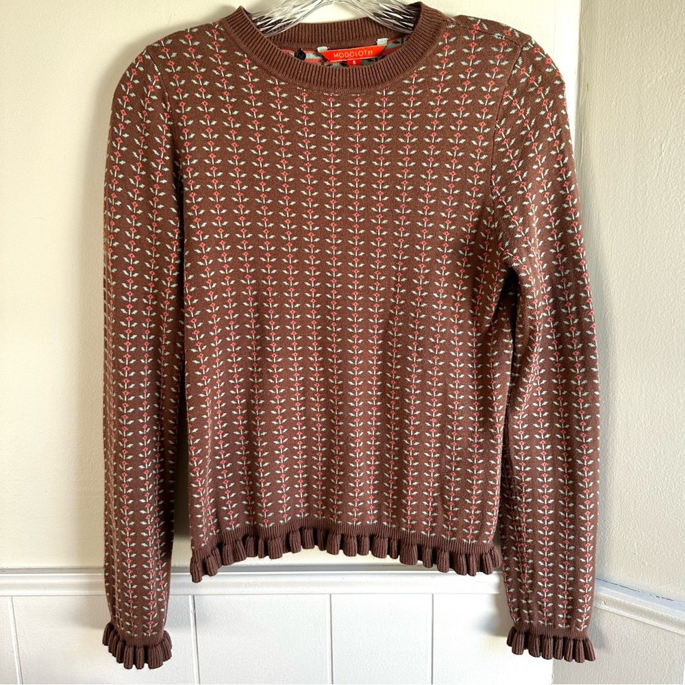 MODCLOTH Cocoa Brown Floral Ruffle-Sleeve Sweater Cotton Viscose Blend Women’s S